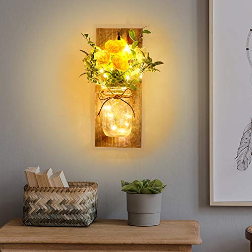 Rustic Wall Sconces Mason Jar Sconces Handmade Wall Art Hanging Design with Remote Control LED Fairy Lights and White Peony,Christmas Decor Gift Farmhouse Wall Home Decor Living Room Lights Set of Two