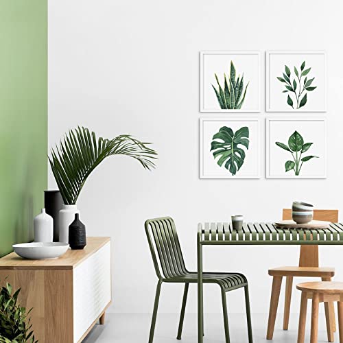 ArtbyHannah Framed Bathroom Wall Decor, 10x10 Inch Botanical Wall Art with Sage Green Plant Print for Wall Decoration, Minimalist Restroom Decor (Walnut)