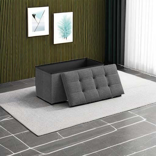 SONGMICS MAZIE Collection - 43 Inches Folding Storage Ottoman Bench, Ottoman Foot Rest, End of Bed Bench, Storage Chest, Load 660 lb, for Living Room, Bedroom, Entryway, Midnight Blue ULSF77IN