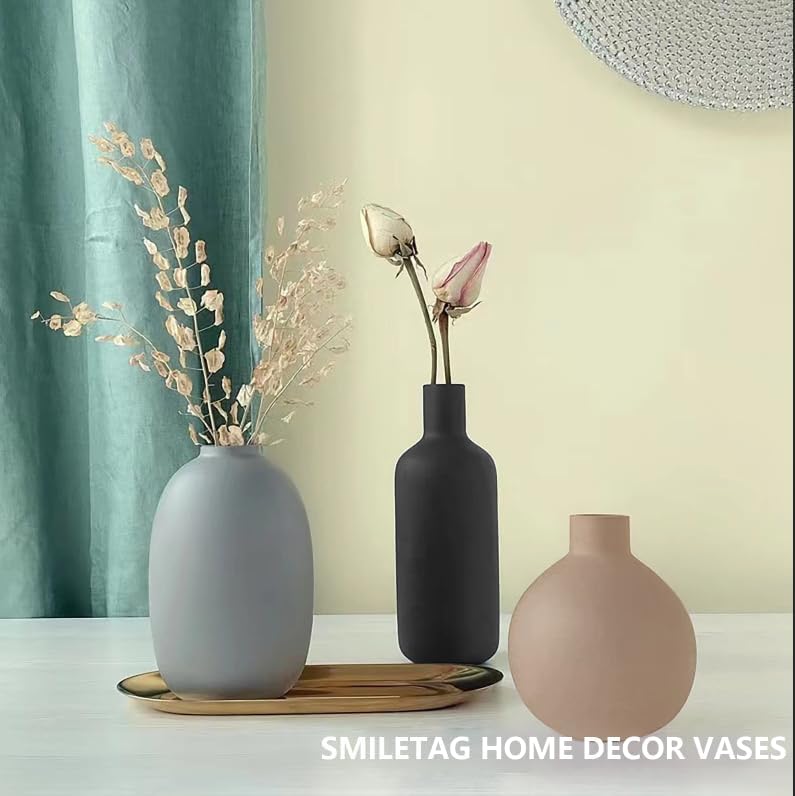 Ceramic Modern Farmhouse Vase, Neutral Small for Table, Living Room, Shelf, Bookshelf and Entryway Décor, Set of 3