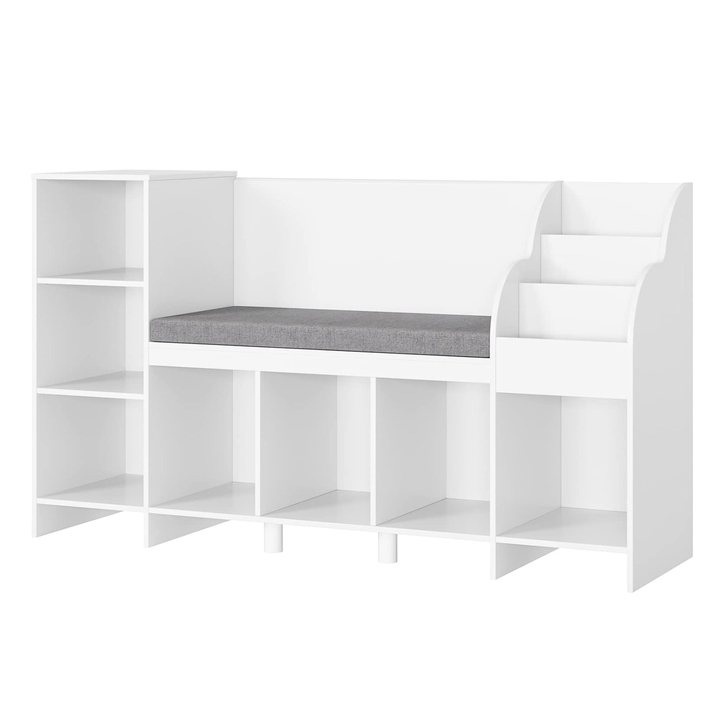 HOUSUIT 55" Kids Bookshelf with Reading Nook, Bookcase with Seat Cushion and Storage Cubbies, Kids Reading Nook with Adjustable Shelf, Toy Organizers and Storage with Bench for Playroom, White