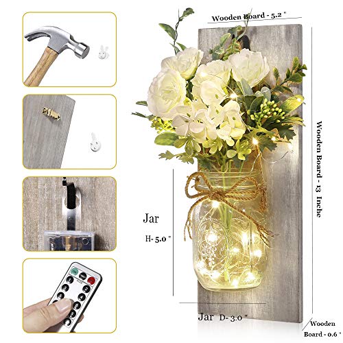 Rustic Wall Sconces Mason Jar Sconces Handmade Wall Art Hanging Design with Remote Control LED Fairy Lights and White Peony,Christmas Decor Gift Farmhouse Wall Home Decor Living Room Lights Set of Two