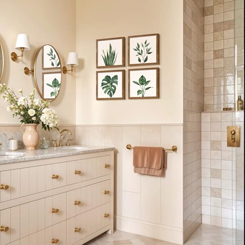 ArtbyHannah Framed Bathroom Wall Decor, 10x10 Inch Botanical Wall Art with Sage Green Plant Print for Wall Decoration, Minimalist Restroom Decor (Walnut)