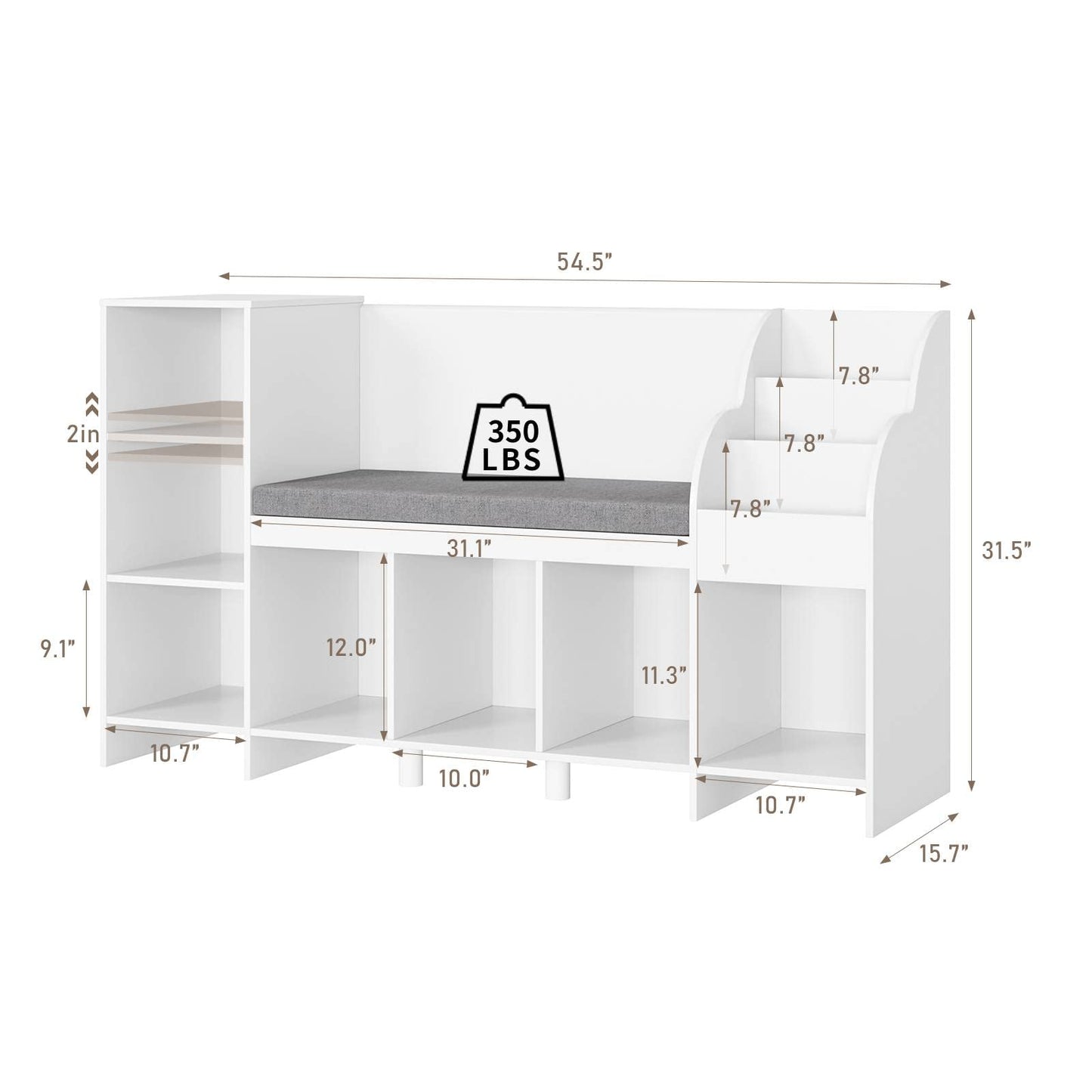 HOUSUIT 55" Kids Bookshelf with Reading Nook, Bookcase with Seat Cushion and Storage Cubbies, Kids Reading Nook with Adjustable Shelf, Toy Organizers and Storage with Bench for Playroom, White