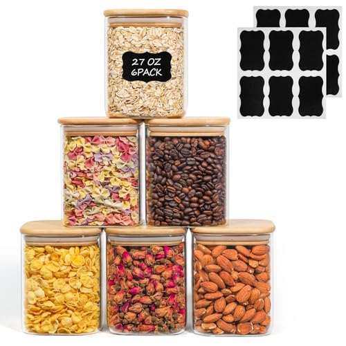 ComSaf Airtight Glass Storage Canister with Lids (24oz/37oz/51oz) Set of 6, Clear Food Storage Container Kitchen Pantry Storage Jar, Glass Jars for Flour Cereal Sugar Tea Coffee Beans Snacks, Square
