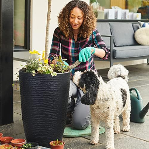 Tall Round Planters Set of 2-14" Dia x 21" H Stone Finish Flower Pots Indoor Decorative Container Garden Patio Unbreakable Beige