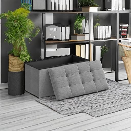 SONGMICS MAZIE Collection - 43 Inches Folding Storage Ottoman Bench, Ottoman Foot Rest, End of Bed Bench, Storage Chest, Load 660 lb, for Living Room, Bedroom, Entryway, Midnight Blue ULSF77IN