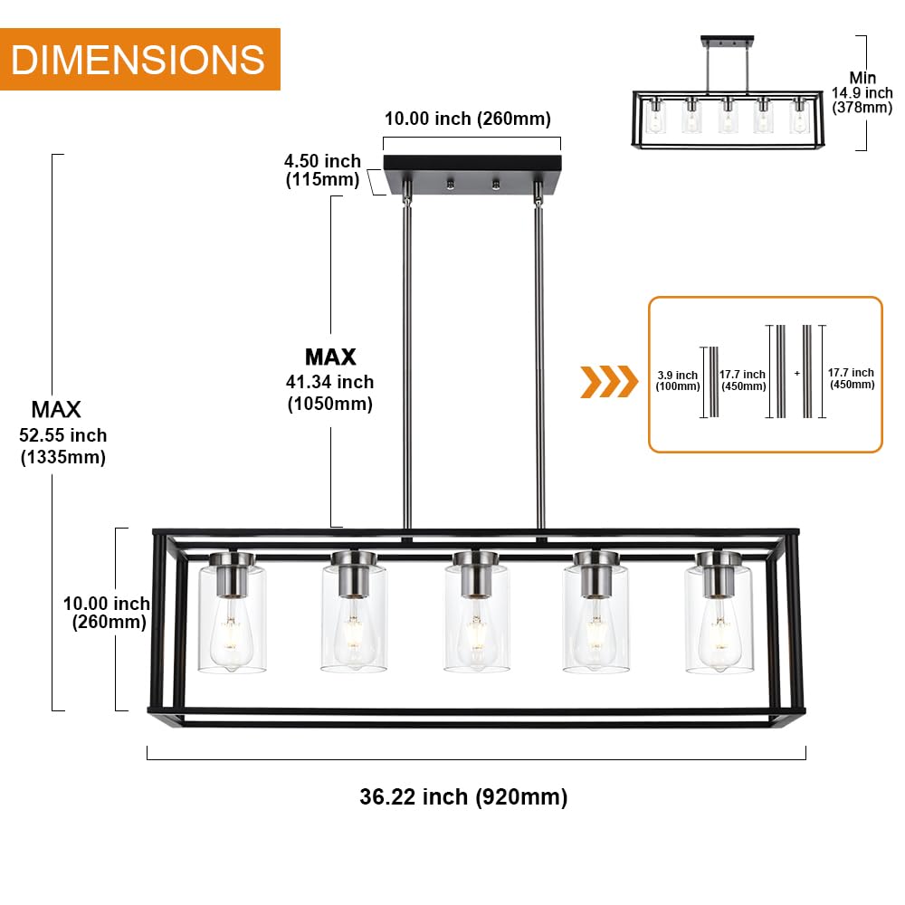 VINLUZ Farmhouse Chandeliers for Kitchen Island with Clear Glass Shade Black and Brushed Brass 5 Light Dining Room Lighting Fixtures Hanging, Rectangle Pendant Lights Industrial Ceiling Light