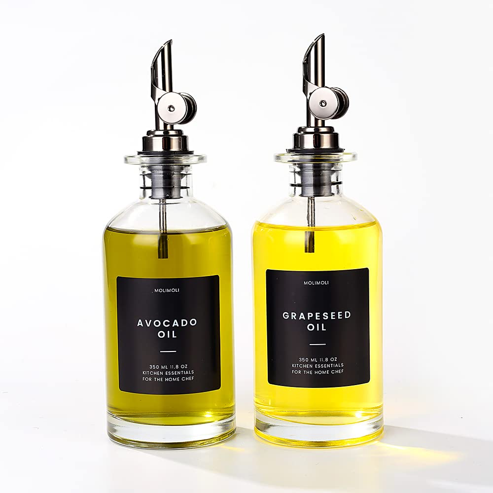 Olive Oil Dispenser Bottles for Kitchen with Pourer - Oil and Vinegar Dispenser Set, Glass Dispenser for Kitchen, Dispenser Bottle of 350ml - Set of 2