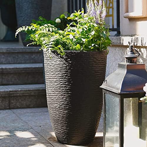Tall Round Planters Set of 2-14" Dia x 21" H Stone Finish Flower Pots Indoor Decorative Container Garden Patio Unbreakable Beige