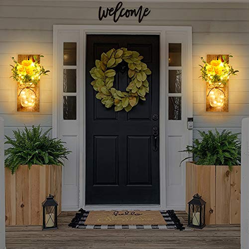 Rustic Wall Sconces Mason Jar Sconces Handmade Wall Art Hanging Design with Remote Control LED Fairy Lights and White Peony,Christmas Decor Gift Farmhouse Wall Home Decor Living Room Lights Set of Two