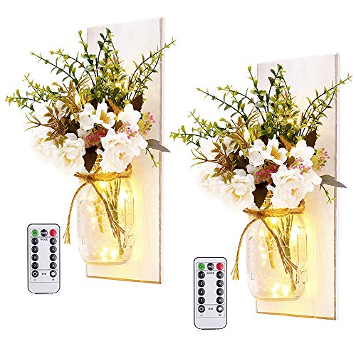 Rustic Wall Sconces Mason Jar Sconces Handmade Wall Art Hanging Design with Remote Control LED Fairy Lights and White Peony,Christmas Decor Gift Farmhouse Wall Home Decor Living Room Lights Set of Two