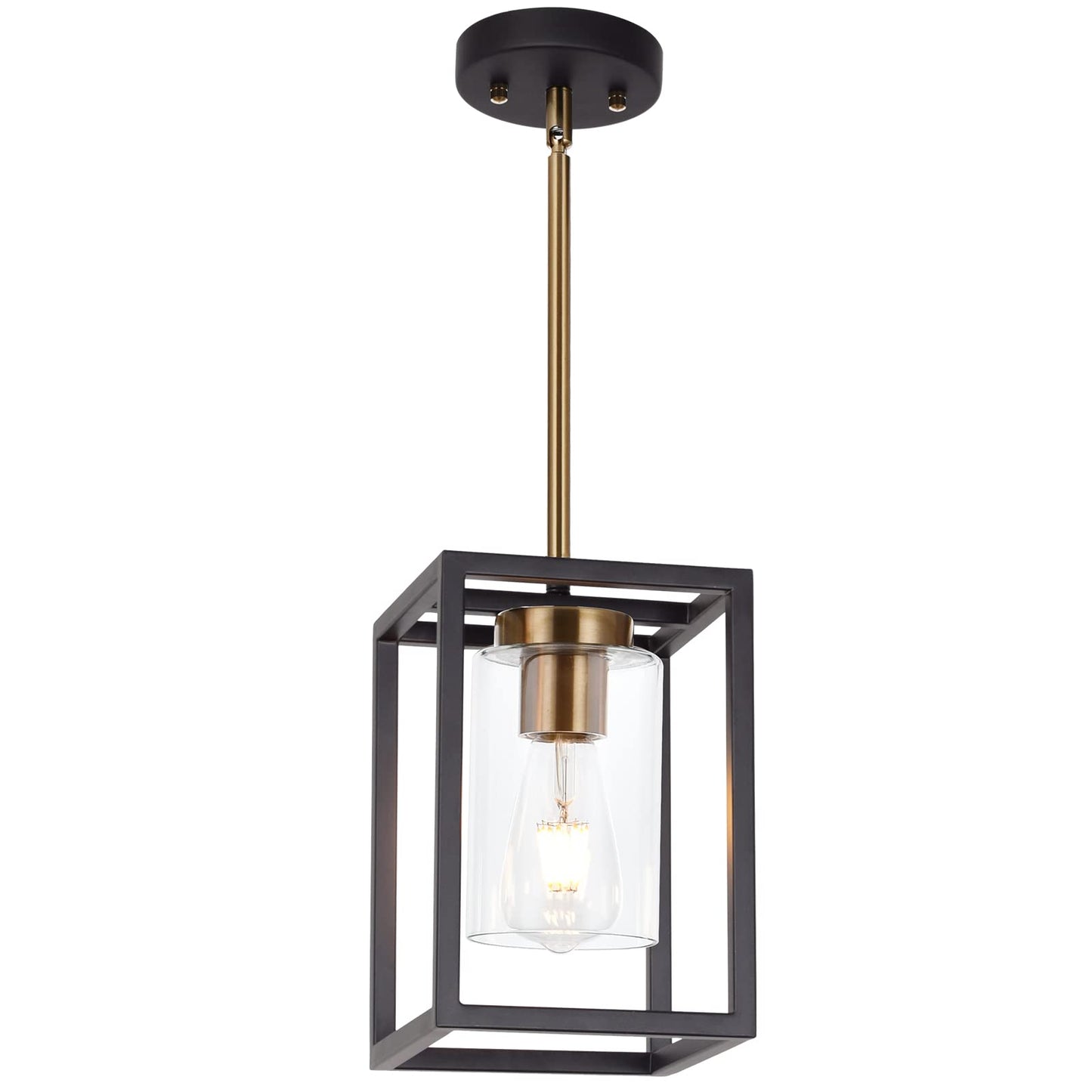 VINLUZ Farmhouse Chandeliers for Kitchen Island with Clear Glass Shade Black and Brushed Brass 5 Light Dining Room Lighting Fixtures Hanging, Rectangle Pendant Lights Industrial Ceiling Light