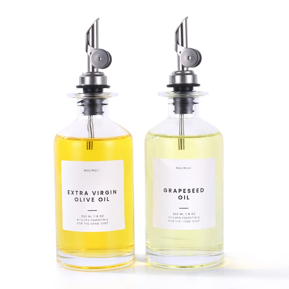 Olive Oil Dispenser Bottles for Kitchen with Pourer - Oil and Vinegar Dispenser Set, Glass Dispenser for Kitchen, Dispenser Bottle of 350ml - Set of 2