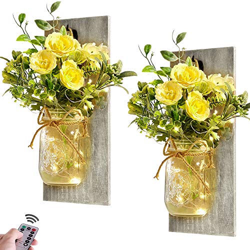 Rustic Wall Sconces Mason Jar Sconces Handmade Wall Art Hanging Design with Remote Control LED Fairy Lights and White Peony,Christmas Decor Gift Farmhouse Wall Home Decor Living Room Lights Set of Two