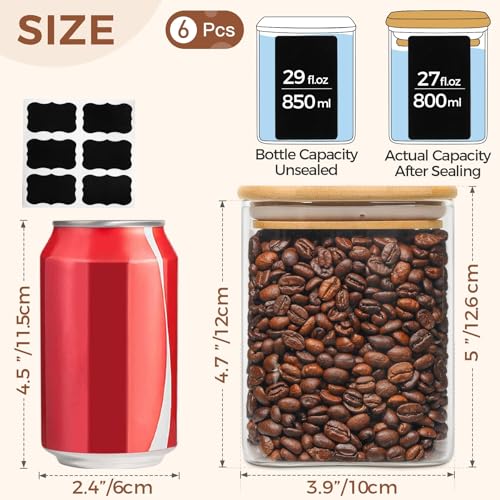 ComSaf Airtight Glass Storage Canister with Lids (24oz/37oz/51oz) Set of 6, Clear Food Storage Container Kitchen Pantry Storage Jar, Glass Jars for Flour Cereal Sugar Tea Coffee Beans Snacks, Square