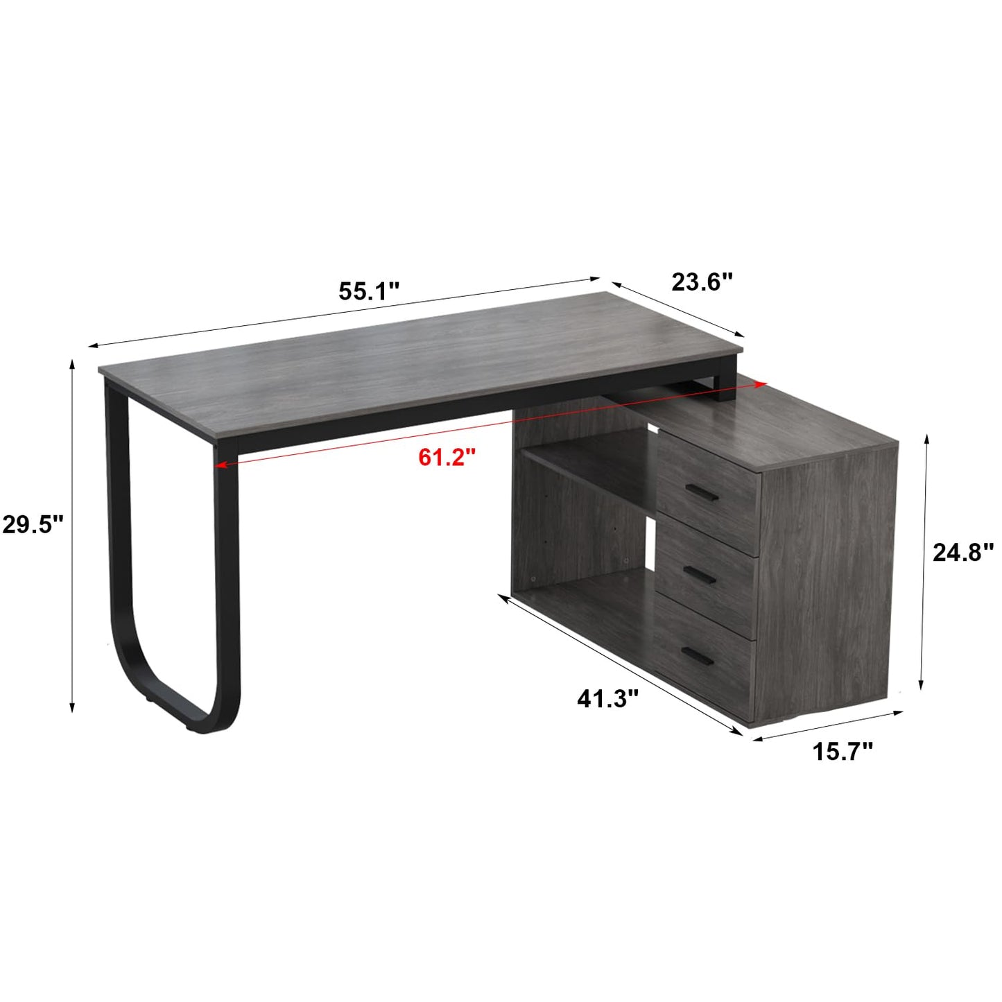 Homsee Home Office Computer Desk Corner Desk with 3 Drawers, 2 Shelves & 2 Doors, 55 Inch Large L-Shaped Study Writing Table with Storage Cabinet, Black & Brown