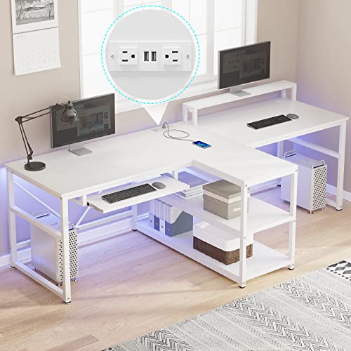 SEDETA 94.5" Home Office Desks, Computer Gaming Desk with Storage, LED Lights, Power Strip with USB, Keyboard Tray & Monitor Stand, Extra Long Double Desk for 2 Person