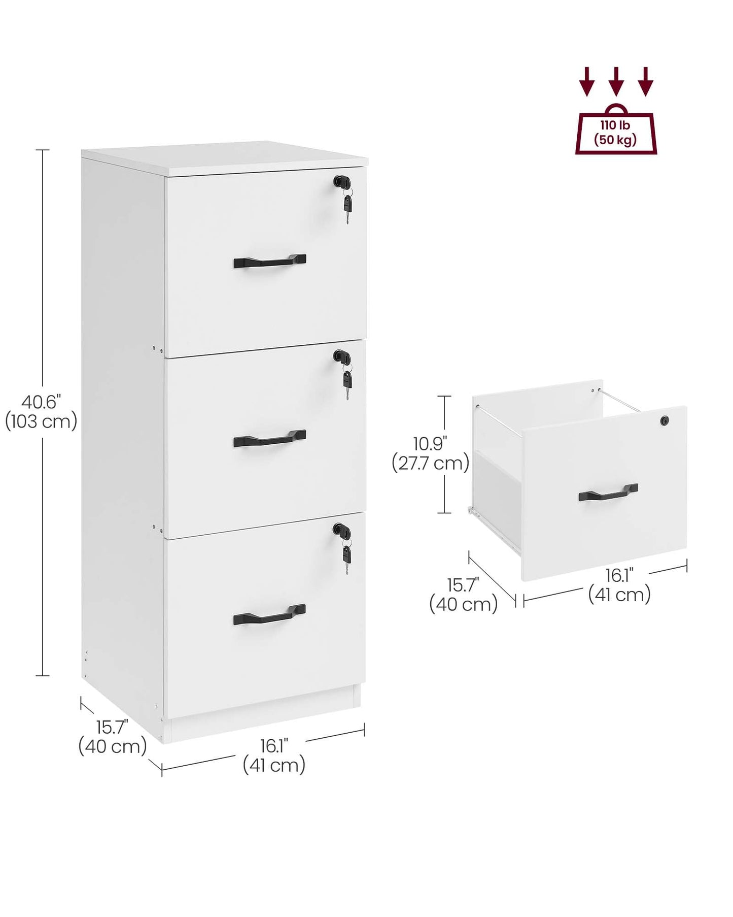 VASAGLE 3-Drawer Vertical File Cabinet, Rustic Brown and Black, for Home Office and Bedroom, A4 and Letter-Size Files, Lockable Drawers
