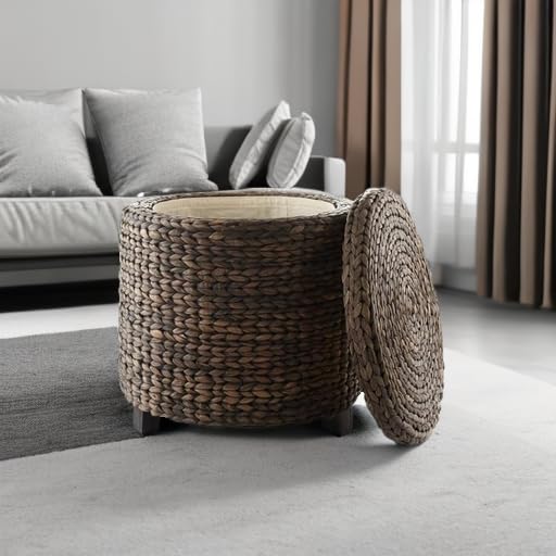Round Storage Ottoman with Lid - Whitewash, Handwoven Water Hyacinth Footstool for Living Room, Bedroom