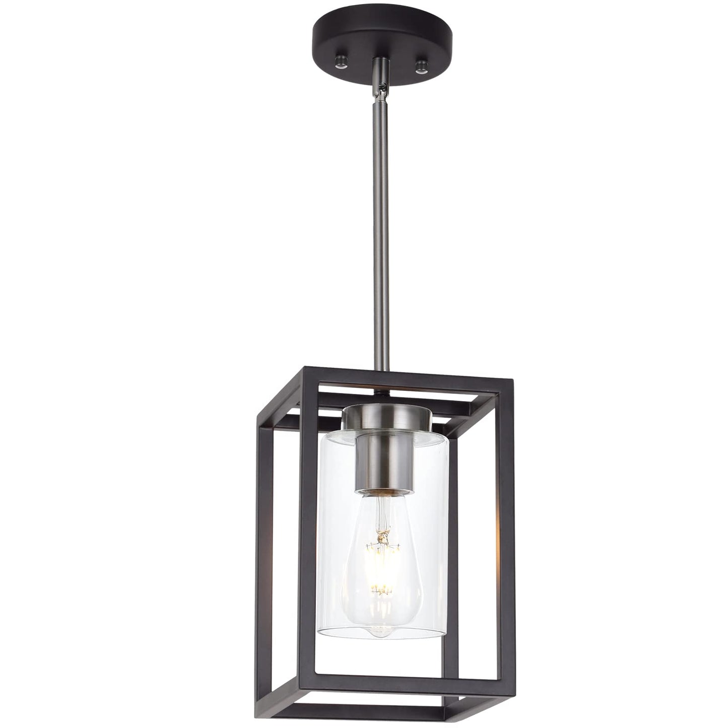 VINLUZ Farmhouse Chandeliers for Kitchen Island with Clear Glass Shade Black and Brushed Brass 5 Light Dining Room Lighting Fixtures Hanging, Rectangle Pendant Lights Industrial Ceiling Light