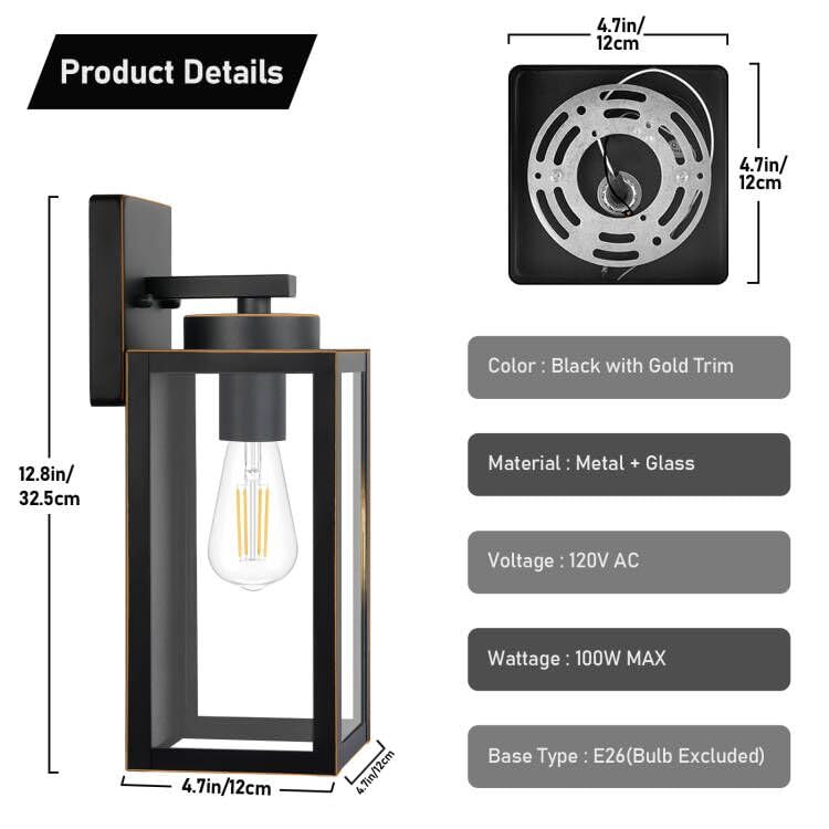 Outdoor Wall Light Fixtures, Exterior Waterproof Wall Lanterns, Porch Sconces Lighting with E26 Sockets & Glass Shades, Modern Matte Black Outside Lights for Patio Front Door Entryway Garage, 2-Pack