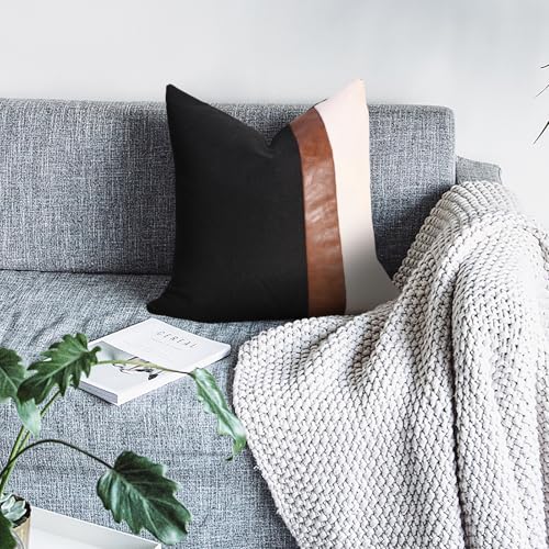 cygnus Set of 2 Faux Leather and Linen Throw Pillow Covers 18x18 Inch Black and White Modern Decorative Accent Cover