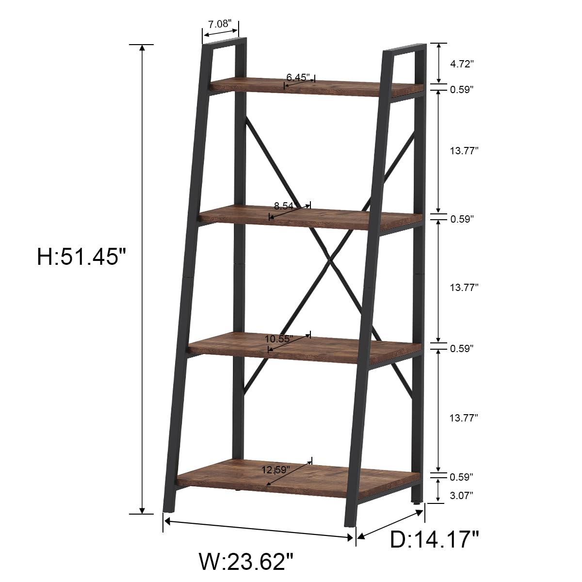 BON AUGURE Ladder Bookshelf, 4 Tier Ladder Shelf Bookcase, Wood Leaning Book Shelves for Living Room, Bedroom, Home Office Shelving Unit (Dark Grey Oak)