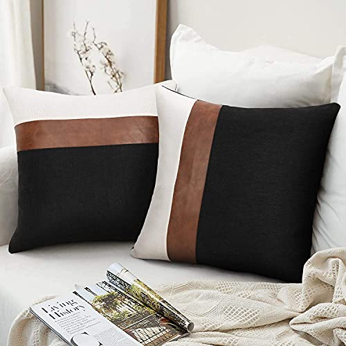 cygnus Set of 2 Faux Leather and Linen Throw Pillow Covers 18x18 Inch Black and White Modern Decorative Accent Cover