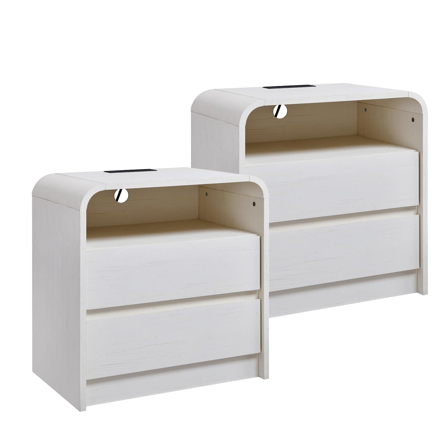25" Tall Modern Nightstand Set of 2, 23.6'' Wide Wood Bedside Table w/2 Storage Drawers, Charging Station, Mid Century End Table for Bedroom, Living Room,Curved Profile Design, Natural Oak