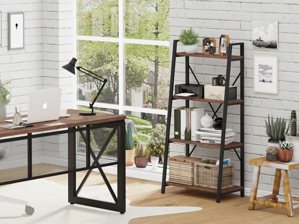 BON AUGURE Ladder Bookshelf, 4 Tier Ladder Shelf Bookcase, Wood Leaning Book Shelves for Living Room, Bedroom, Home Office Shelving Unit (Dark Grey Oak)
