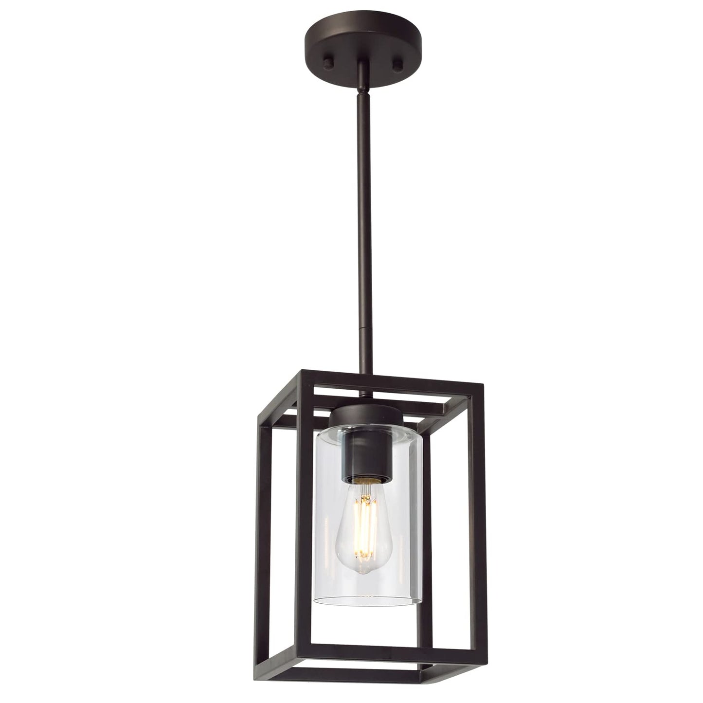 VINLUZ Farmhouse Chandeliers for Kitchen Island with Clear Glass Shade Black and Brushed Brass 5 Light Dining Room Lighting Fixtures Hanging, Rectangle Pendant Lights Industrial Ceiling Light