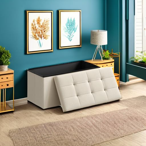 SONGMICS MAZIE Collection - 43 Inches Folding Storage Ottoman Bench, Ottoman Foot Rest, End of Bed Bench, Storage Chest, Load 660 lb, for Living Room, Bedroom, Entryway, Midnight Blue ULSF77IN