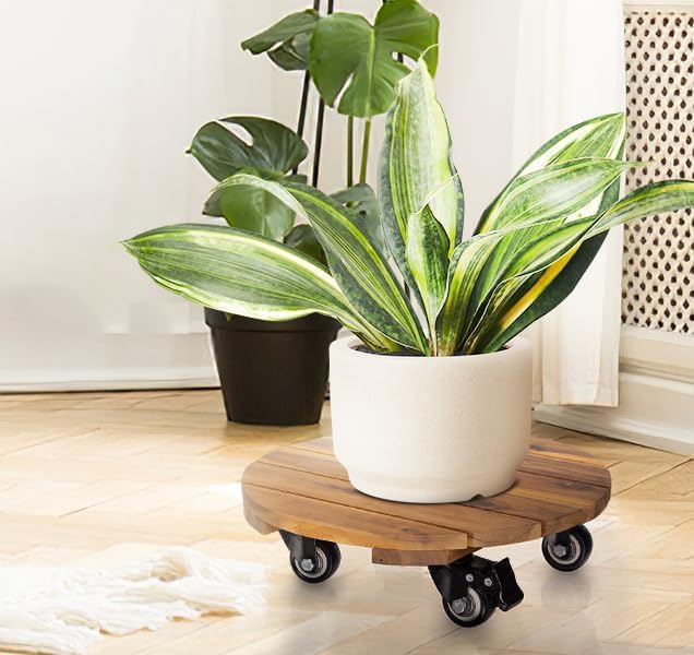 2pack Wood Plant Caddy With Wheels Heavy Duty Red Brown, 264 Lbs Capacity, 12 Inch Acacia Hardwood Plant Dolly, Plant Stand with 360° Lockable Wheels for Plant Pots, Heavy Objects Hauling