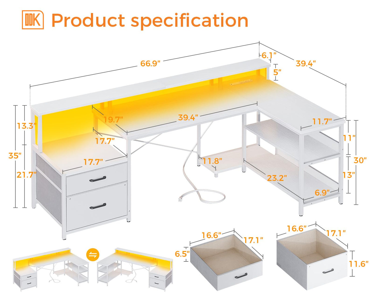 ODK L Shaped Desk with File Drawer, 75" Reversible L Shaped Computer Desk with Power Outlet & LED Strip, Office Desk with Storage Shelves, Gaming Desks with Monitor Shelf, Corner Table, Grey Oak