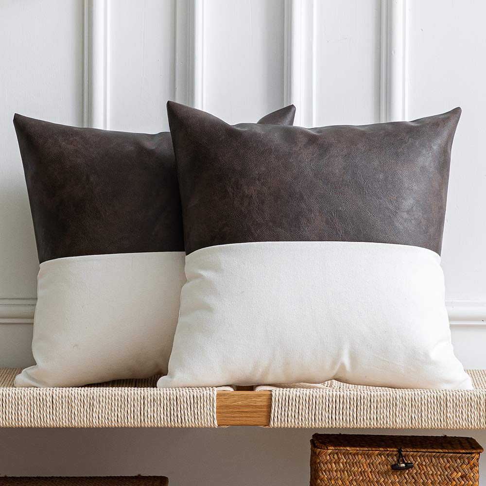 DEZENE Leather Throw Pillow Covers, Set of 2 Modern Leather/Cotton Decorative Pillowcases for Home Decor