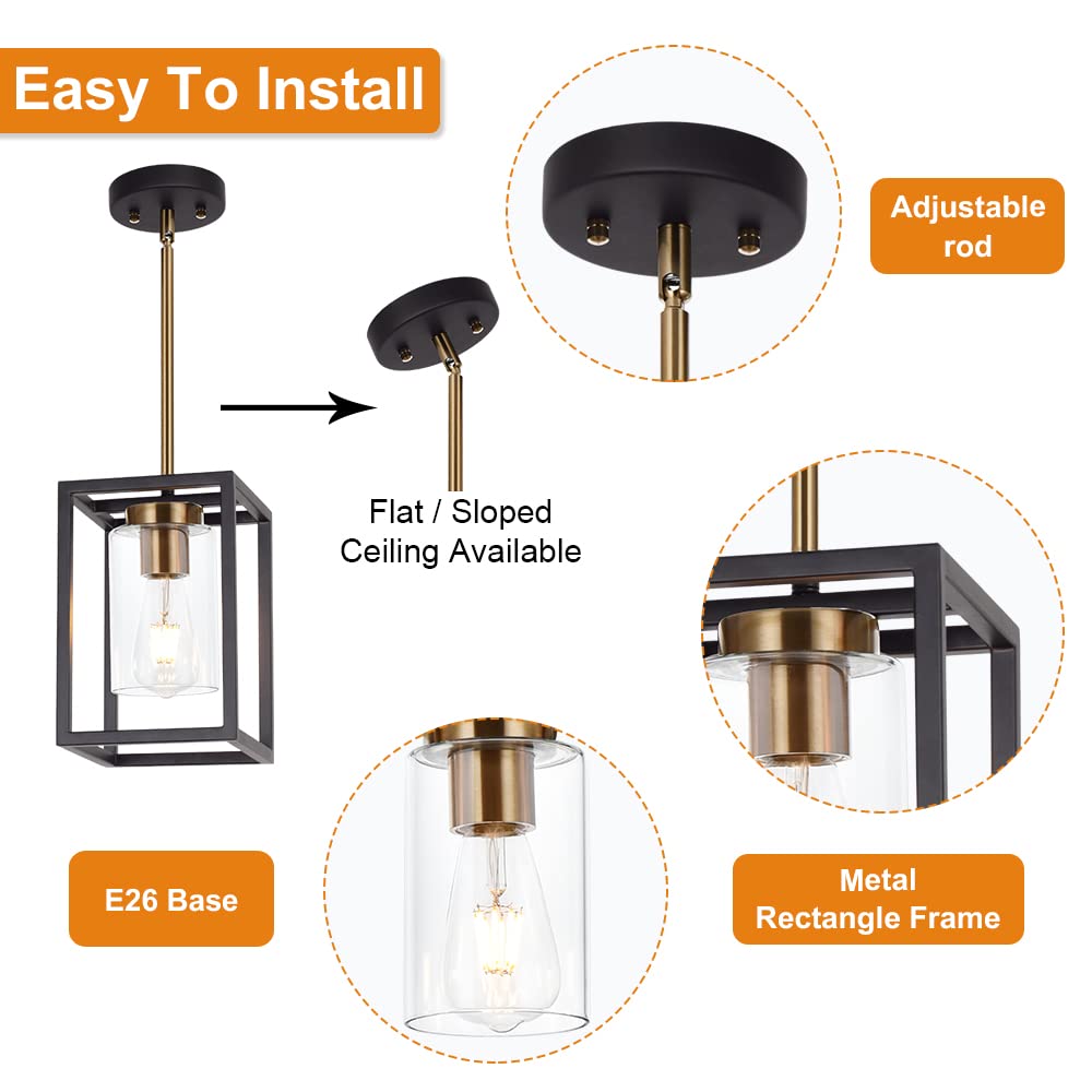 VINLUZ Farmhouse Chandeliers for Kitchen Island with Clear Glass Shade Black and Brushed Brass 5 Light Dining Room Lighting Fixtures Hanging, Rectangle Pendant Lights Industrial Ceiling Light