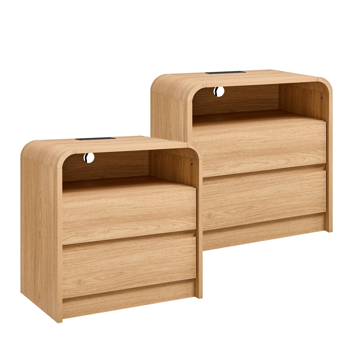 25" Tall Modern Nightstand Set of 2, 23.6'' Wide Wood Bedside Table w/2 Storage Drawers, Charging Station, Mid Century End Table for Bedroom, Living Room,Curved Profile Design, Natural Oak