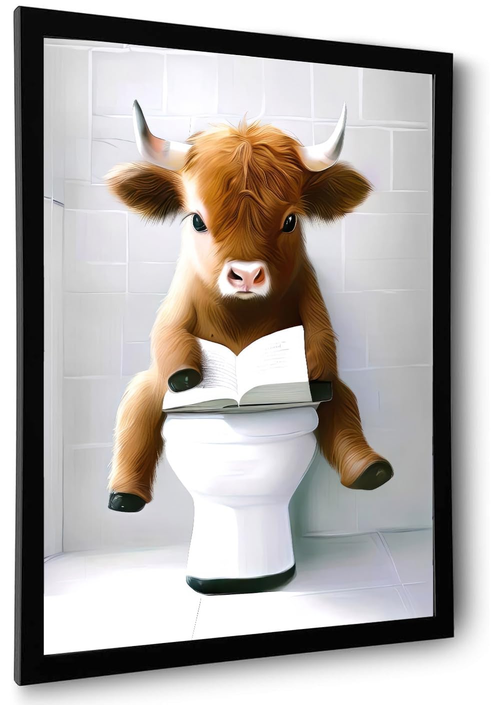 Foduuo Wall Art, Funny Highland Cow Poster, Black Framed, Waterproof, Bathroom Decoration