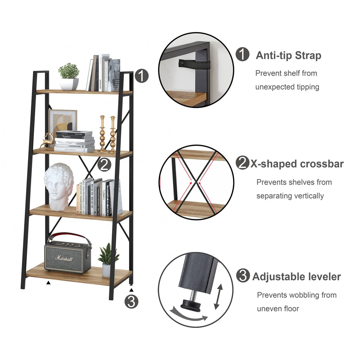 BON AUGURE Ladder Bookshelf, 4 Tier Ladder Shelf Bookcase, Wood Leaning Book Shelves for Living Room, Bedroom, Home Office Shelving Unit (Dark Grey Oak)