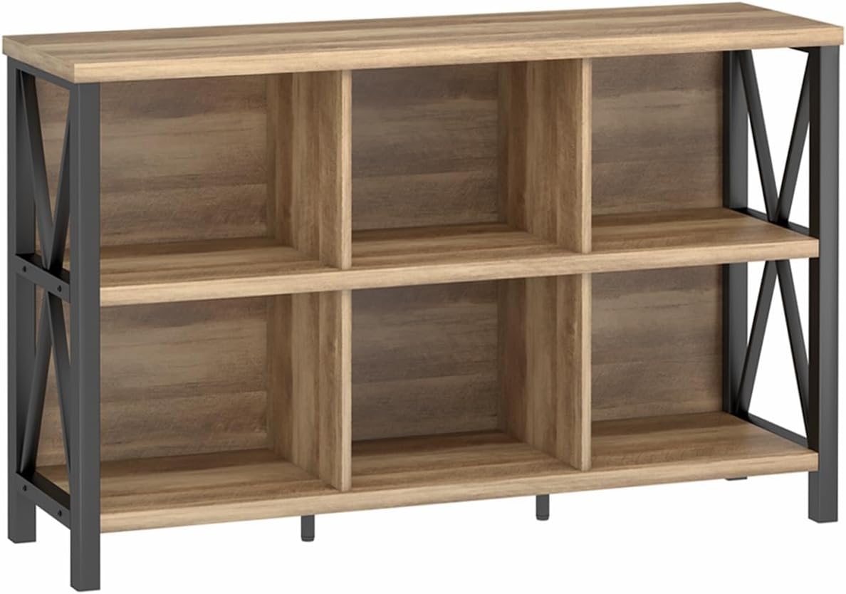 FATORRI 6 Cube Storage Organizer with Shelf, Long Wood and Metal Cubby Bookcase