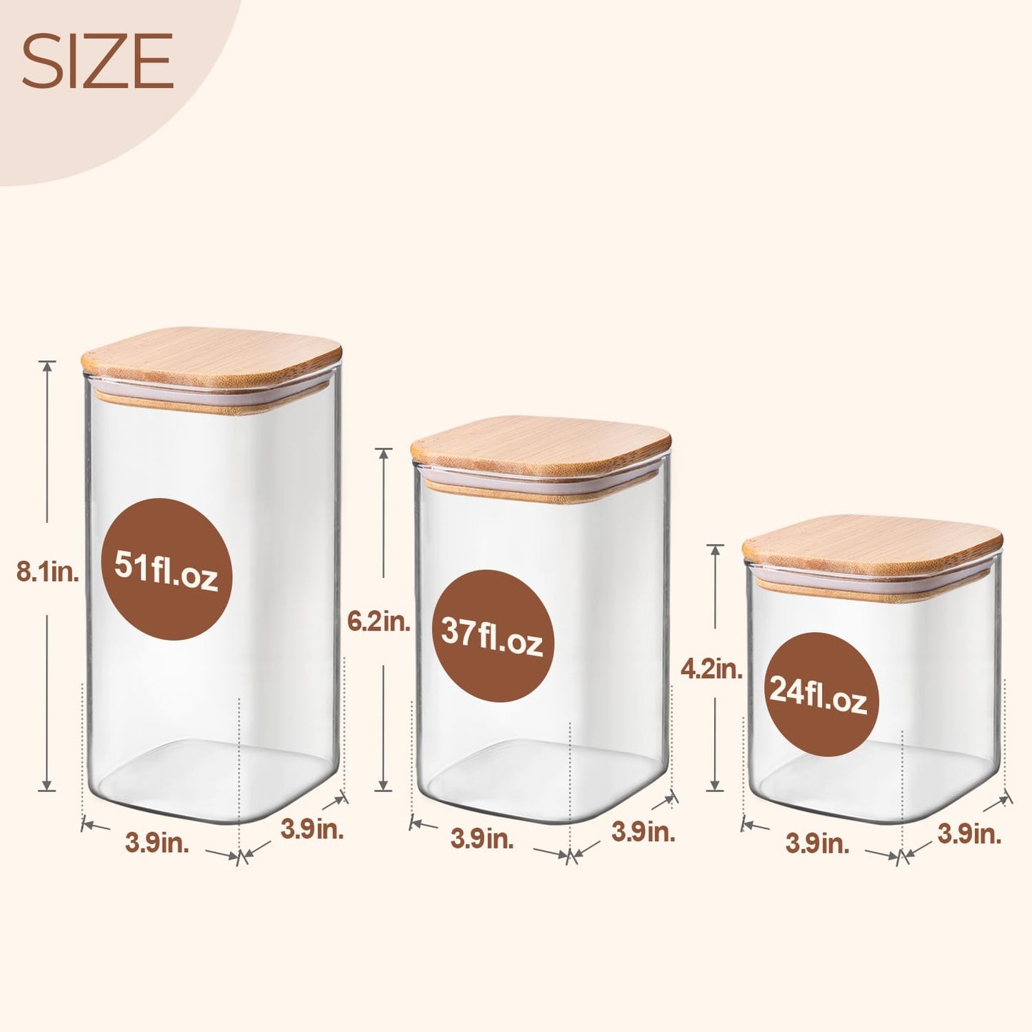 ComSaf Airtight Glass Storage Canister with Lids (24oz/37oz/51oz) Set of 6, Clear Food Storage Container Kitchen Pantry Storage Jar, Glass Jars for Flour Cereal Sugar Tea Coffee Beans Snacks, Square