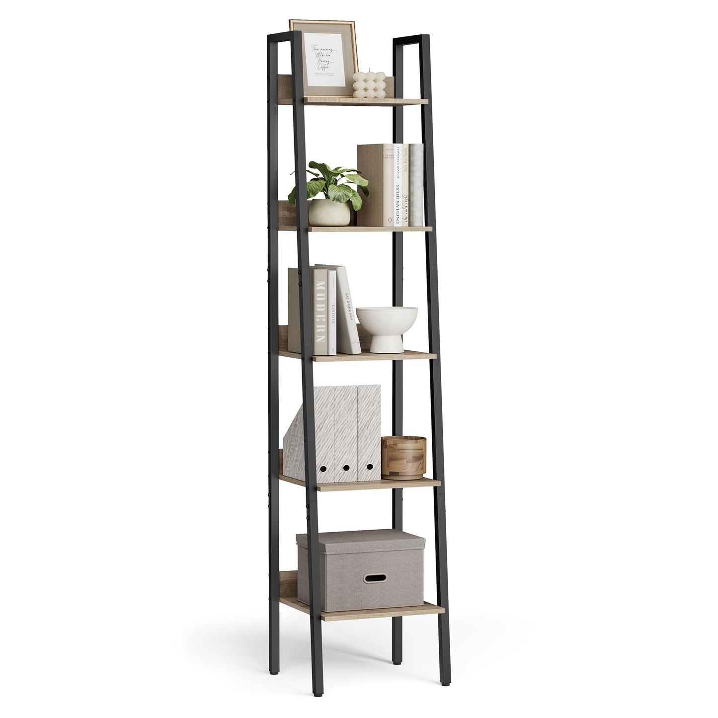 VASAGLE Ladder Shelf, 5-Tier Bookshelf, Storage Rack, Bookcase with Steel Frame, for Living Room, Home Office