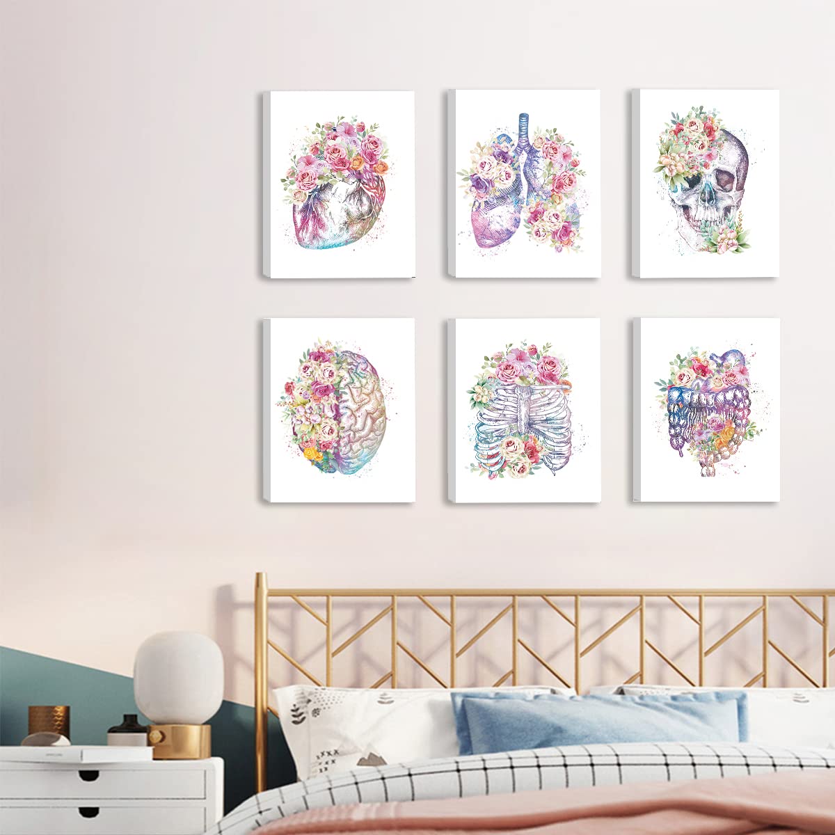 CHDITB Unframed Flowers Skeletal Wall Art Print, Human Organs Art Printing, Body Anatomy Art Posters Abstract Anatomy Viscera Skull Wall Decor, Medical Wall Art For Clinic -Set Of 6 (8" x 10")