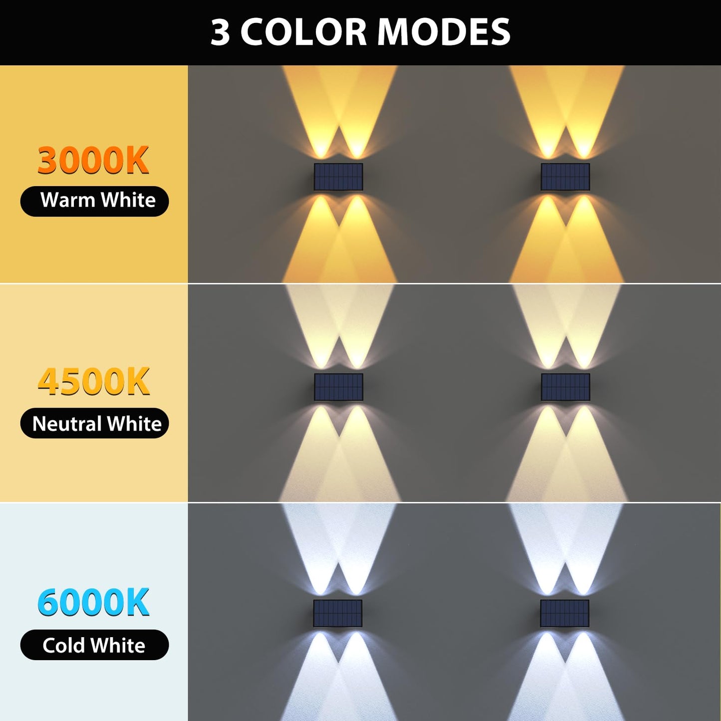 Solar Fence Lights,6Pack Solar Lights Outdoor Warm White + RGB Up & Down Waterproof 100 Lumens Dusk to Dawn Large Solar Wall Lights for Backyard/Pool/Railing/Patio/Porch/Step/Wall