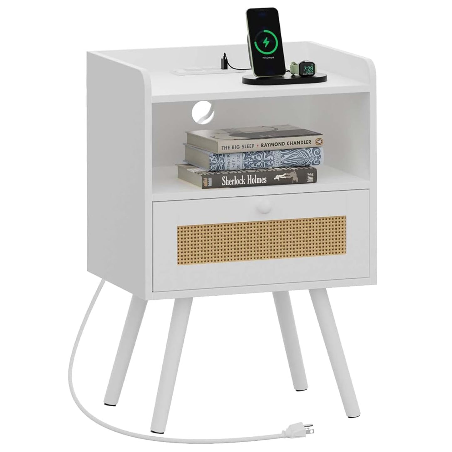 SUPERJARE Nightstands Set of 2, Night Stands with Charging Station & PE Rattan Decor Drawer, Bed Side Tables with Solid Wood Feet, End Table, for Bedroom, Living Room - Natural