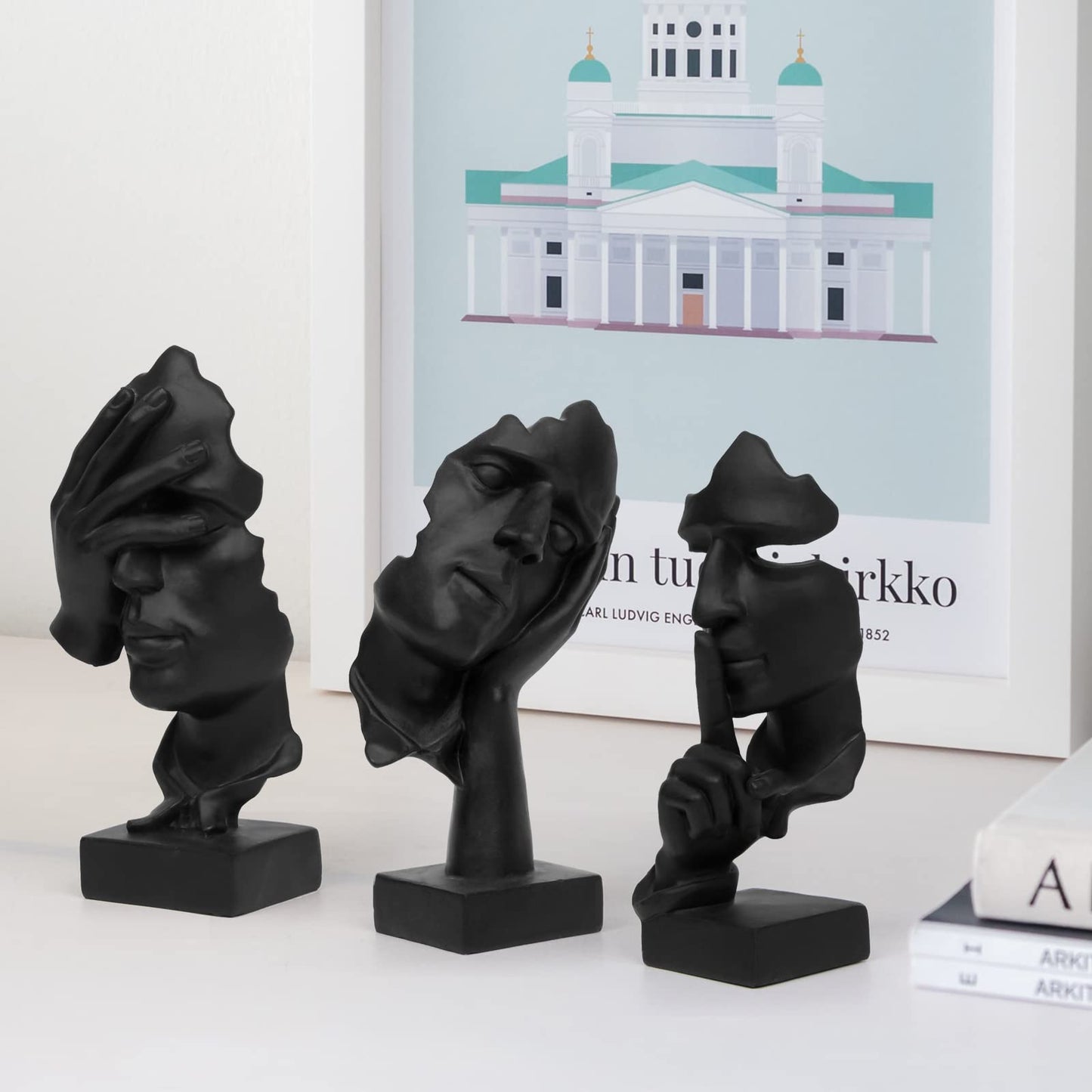 3 Pcs Thinker Statue, Silence is Gold Abstract Art Figurine, No Hear No See No Speak Modern Home Resin Sculptures Decorative Objects