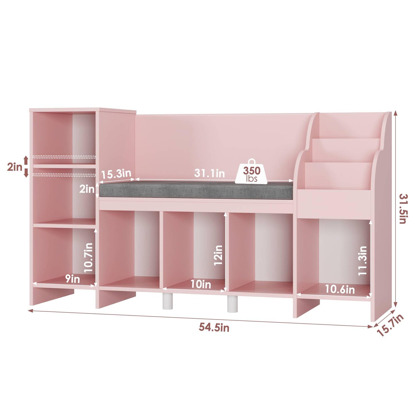HOUSUIT 55" Kids Bookshelf with Reading Nook, Bookcase with Seat Cushion and Storage Cubbies, Kids Reading Nook with Adjustable Shelf, Toy Organizers and Storage with Bench for Playroom, White