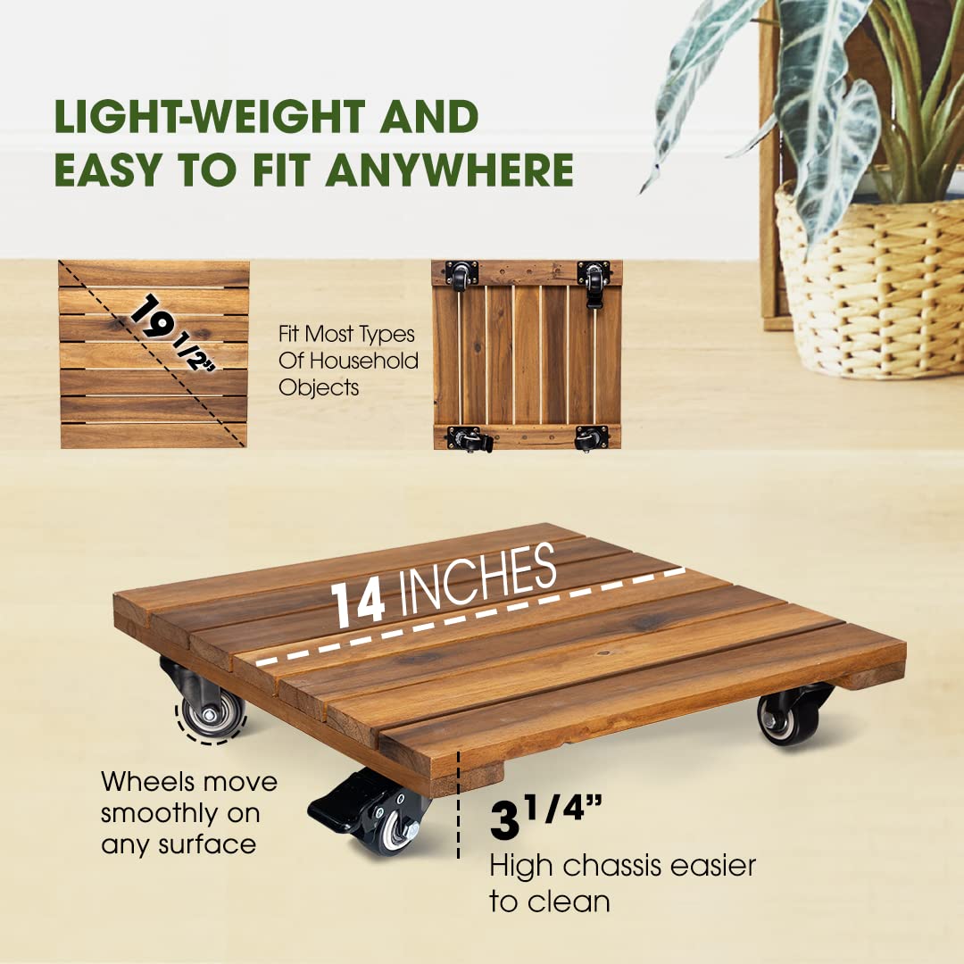 2pack Wood Plant Caddy With Wheels Heavy Duty Red Brown, 264 Lbs Capacity, 12 Inch Acacia Hardwood Plant Dolly, Plant Stand with 360° Lockable Wheels for Plant Pots, Heavy Objects Hauling