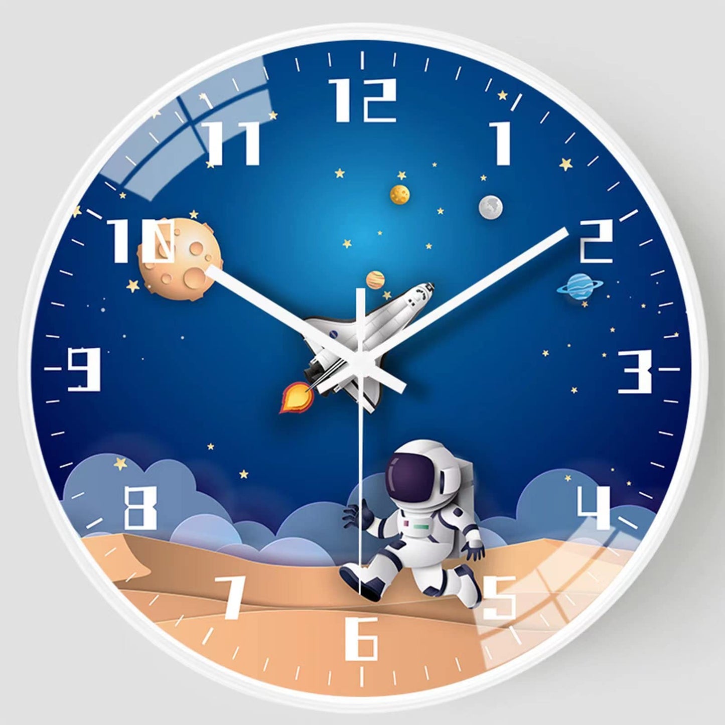 12 Inch Silent Movement Kids Wall Clock, Non Ticking Children Round Wall Clock Battery Operated Space Travel Style Decor Children Clock for School Boys Bedroom Living Room Space Decor (Blue)